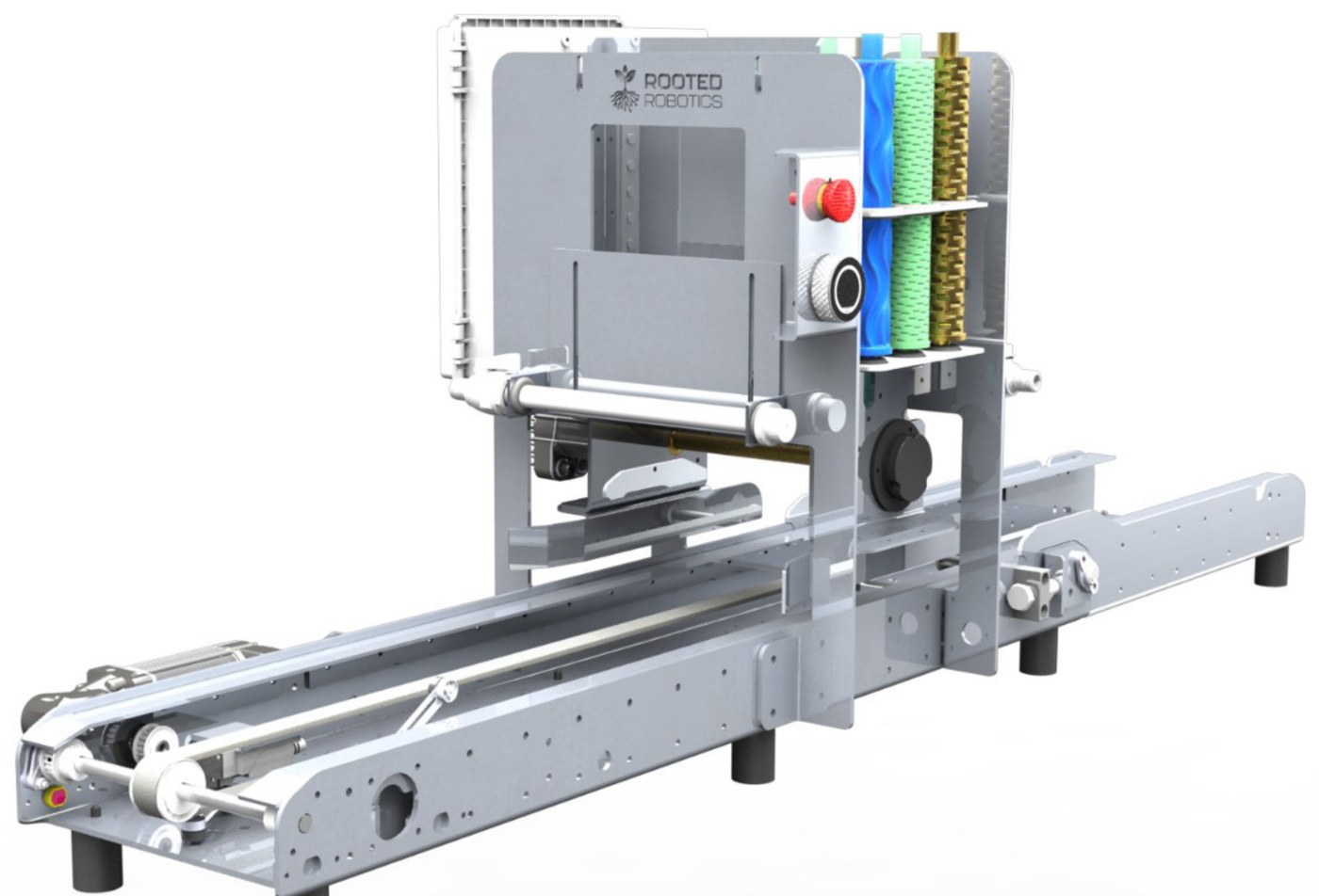 The Tabletop Seeder: seed hopper and control panel above the tray receiver, mounted on the drive unit and belt