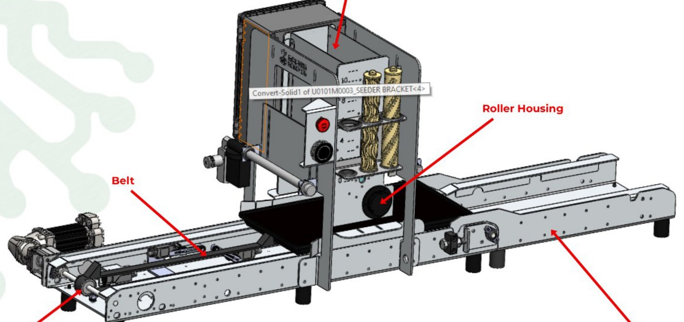 The seeder with the hopper, roller housing and belt labelled