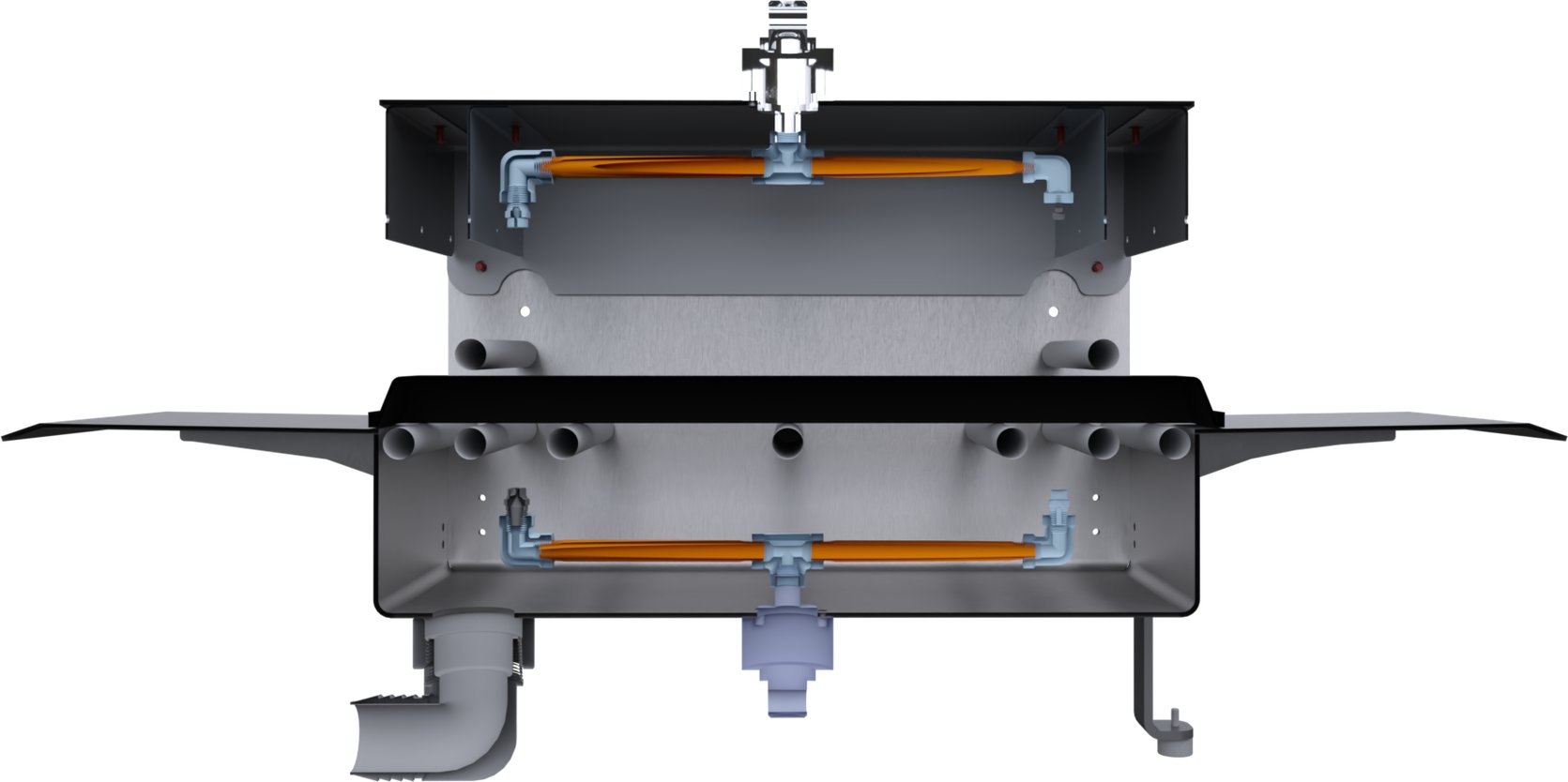 Cutaway of the wash chamber showing the upper and lower spray bars and the drain