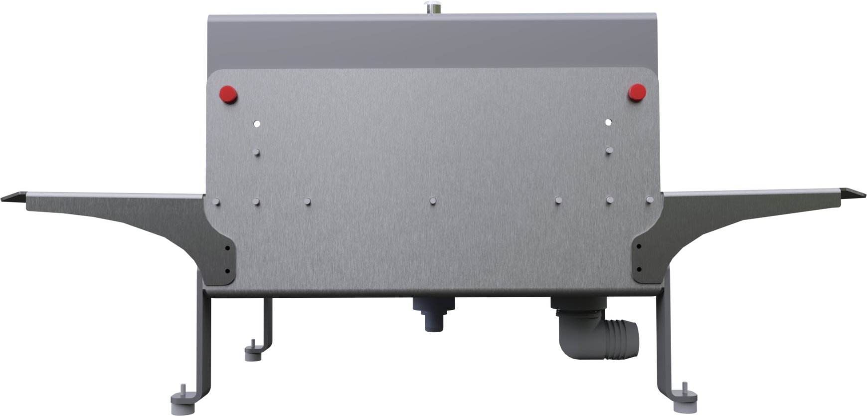 The Push-Through Tray Washer, side view: intake shelf, wash chamber and outtake shelf
