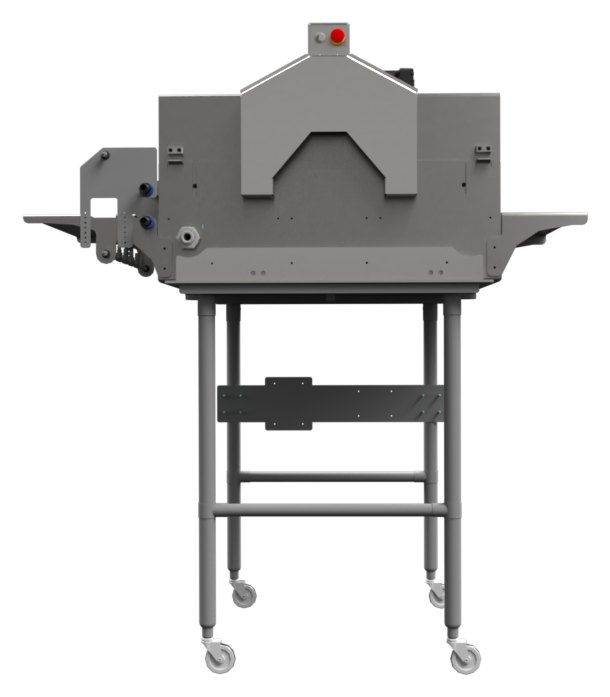 The Tray Washer, front view: intake shelf, wash chamber and outtake shelf