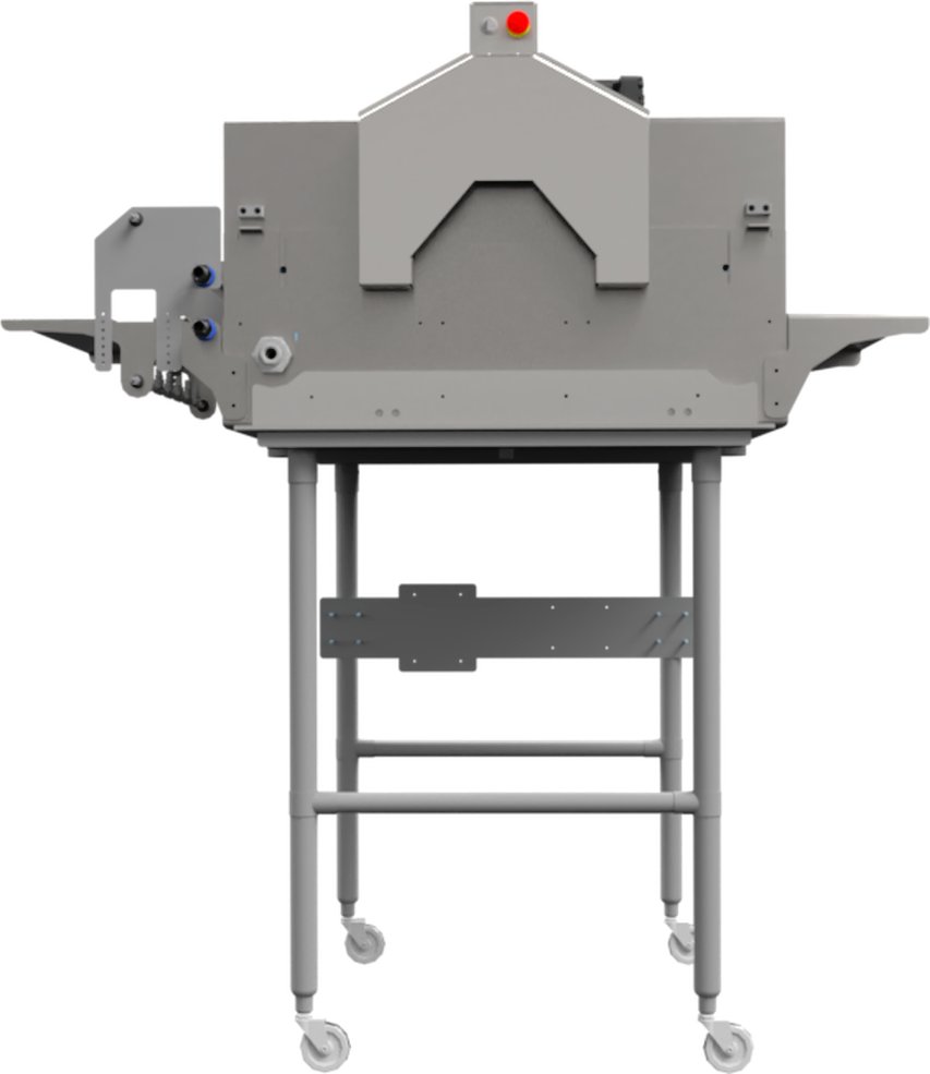 The 24&Prime; Universal Washer, front view: intake shelf, wash chamber and outtake shelf, on its mobility kit