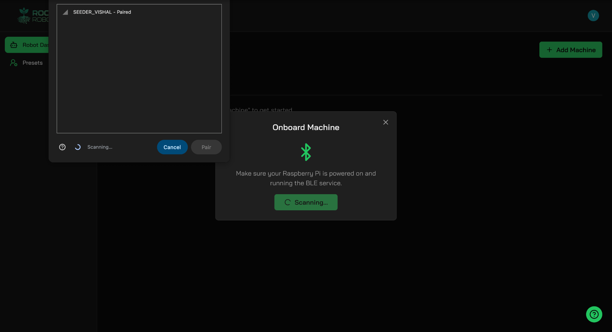 The browser's Bluetooth device picker listing a nearby machine, open over the Onboard Machine window