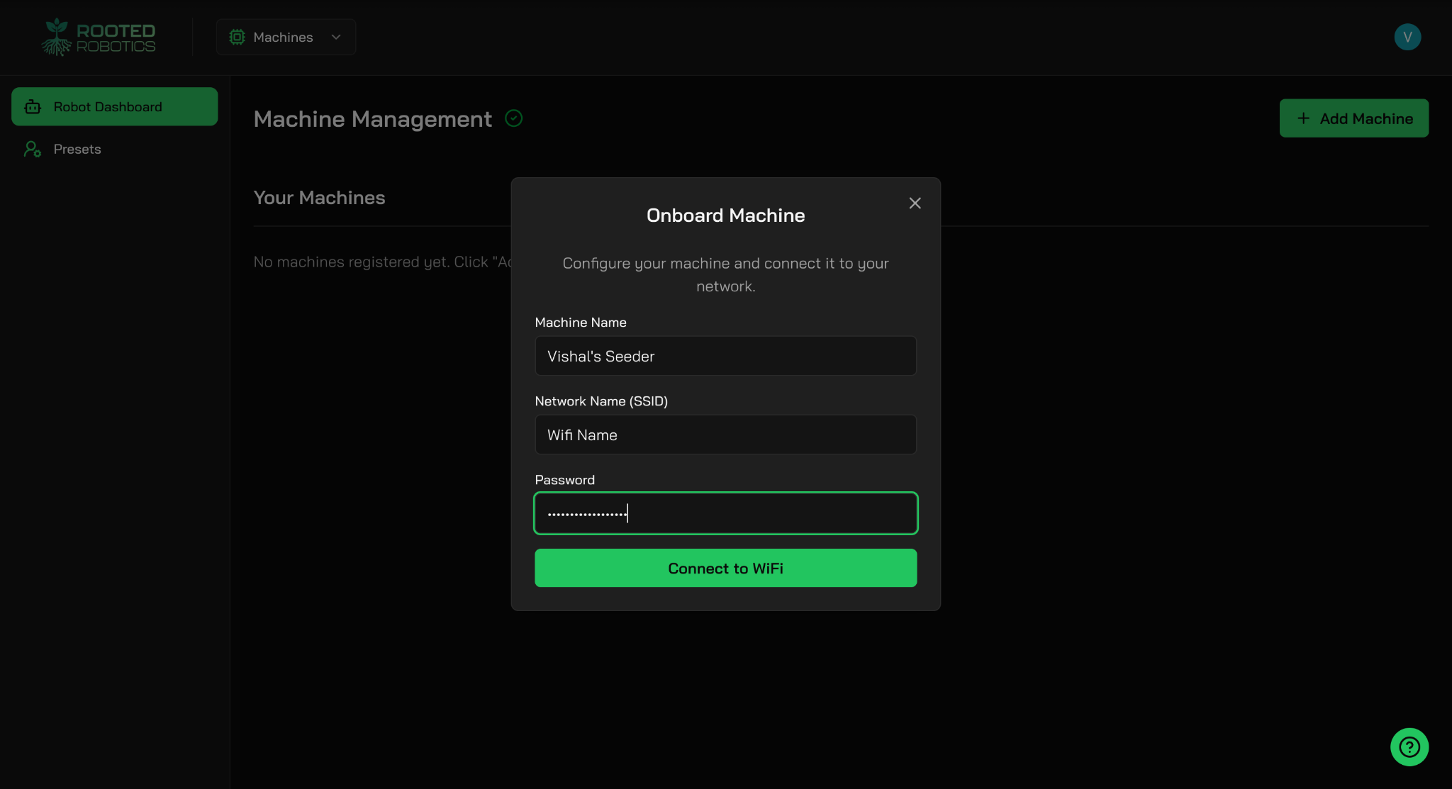 The Onboard Machine window with Machine Name, Network Name (SSID) and Password fields and a Connect to WiFi button