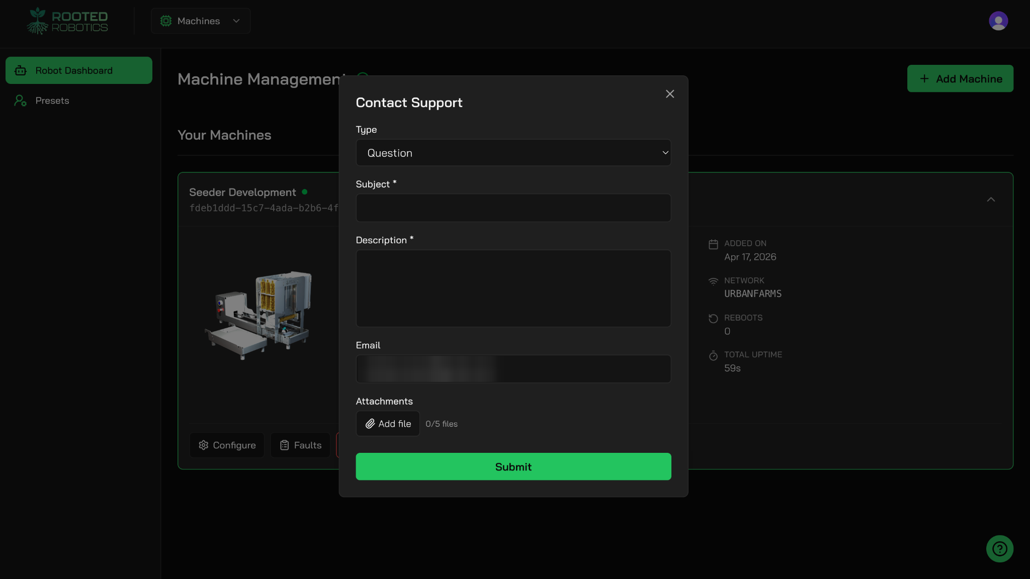 The Contact Support form with Type, Subject, Description, Email and Attachments fields and a Submit button