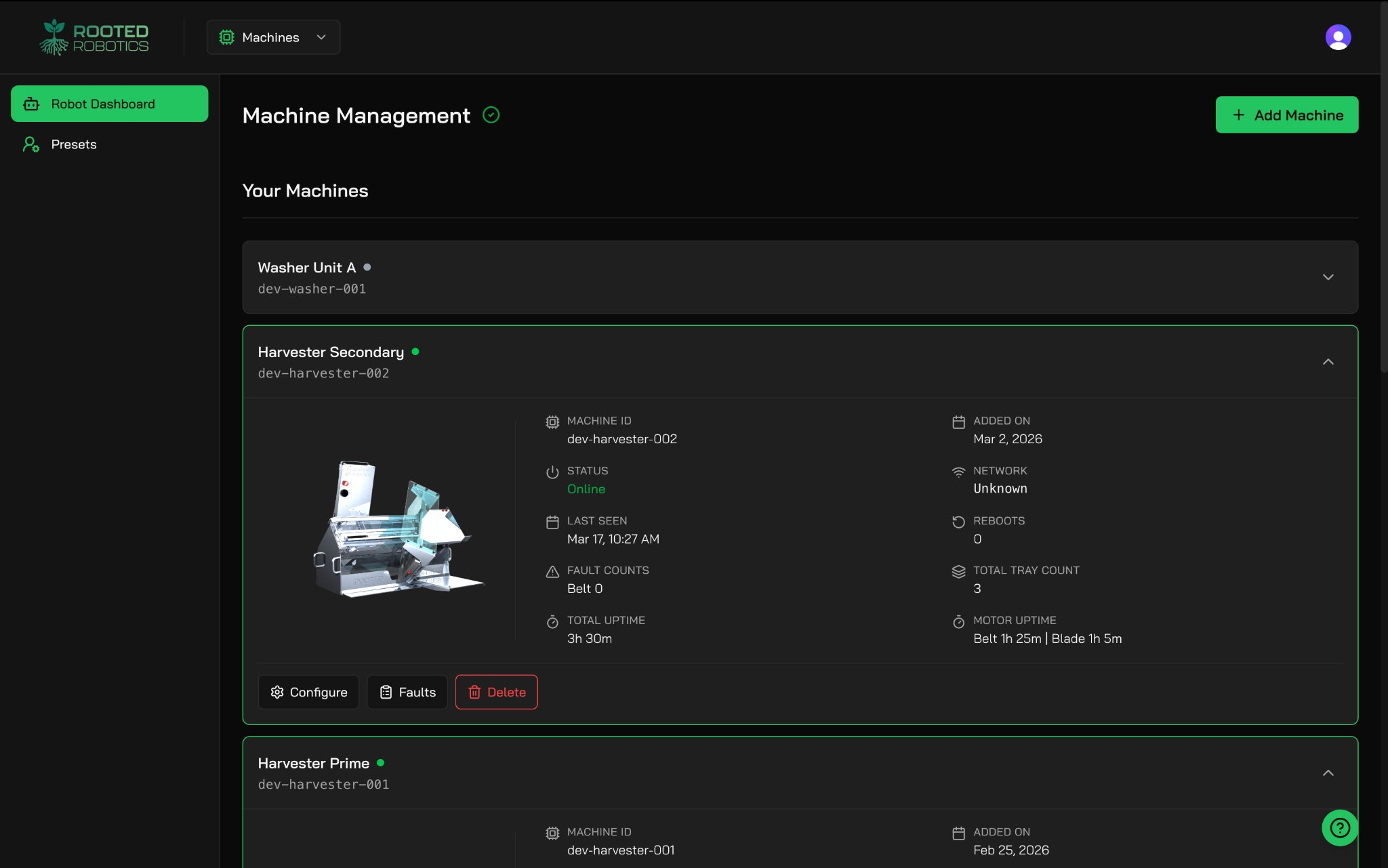 The machine dashboard with machine cards; one card is expanded to show status, last seen, fault counts, uptime and tray count