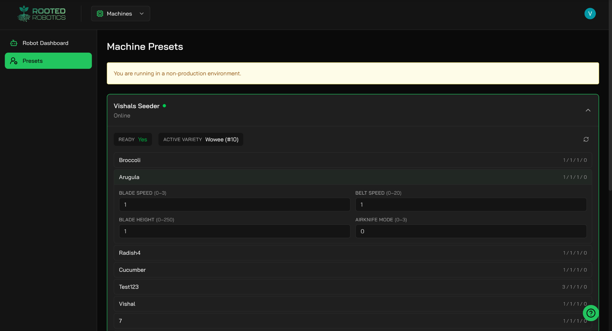 The Machine Presets screen listing a machine's varieties, with one variety open to show its settings